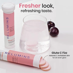 Relumins Gluta C Fizz packaging shows 15 tablets per bottle