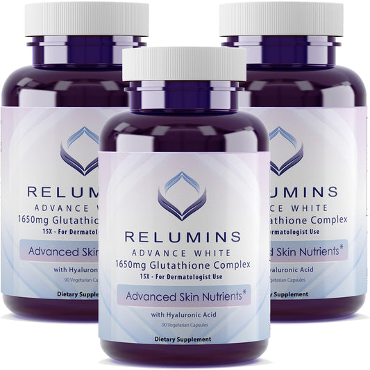 Relumins Glutathione 1650mg bottle showcases antioxidant support for radiant skin.