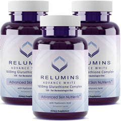 Relumins Glutathione 1650mg bottle showcases antioxidant support for radiant skin.