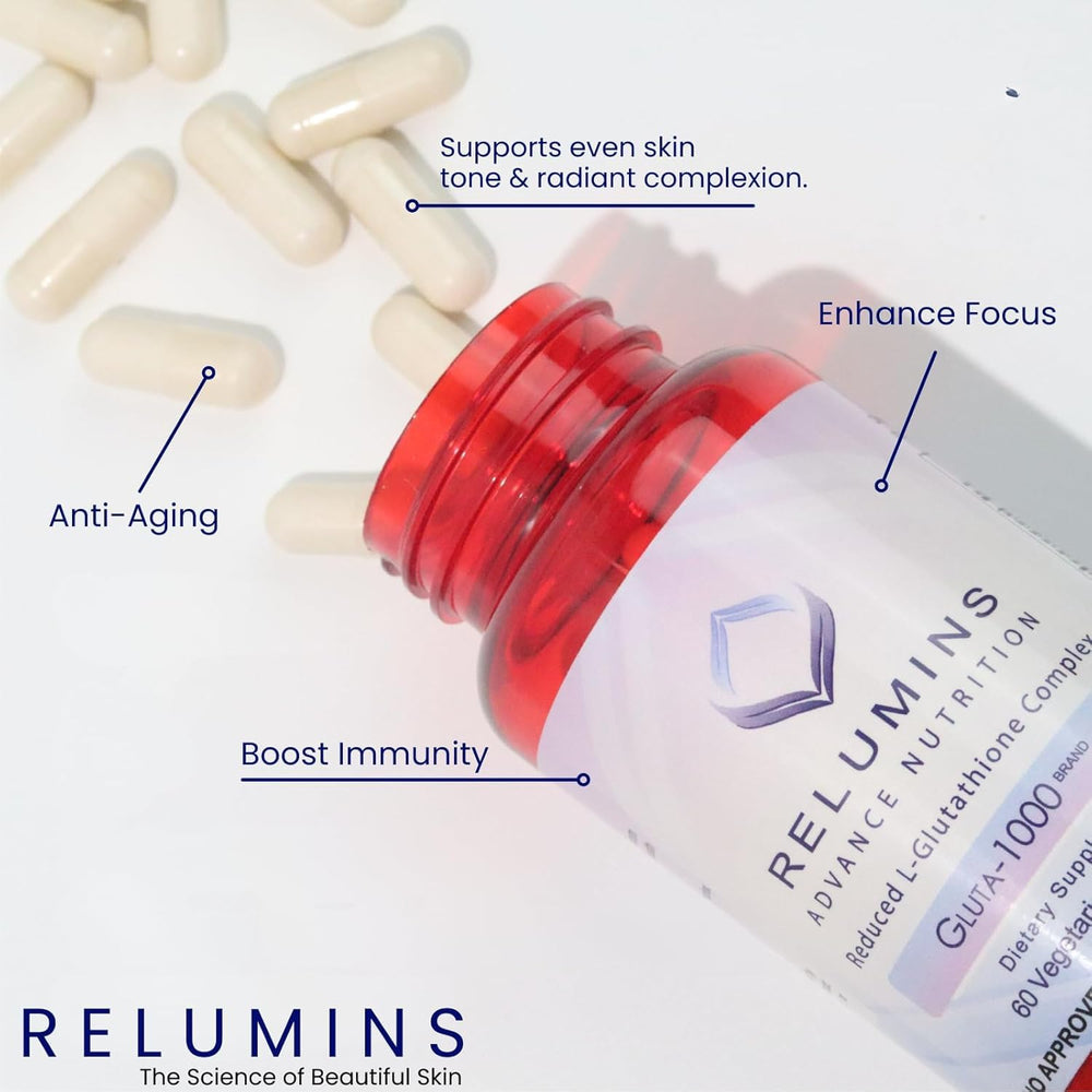Relumins Glutathione Booster bottle close-up suggesting daily nutrient support.