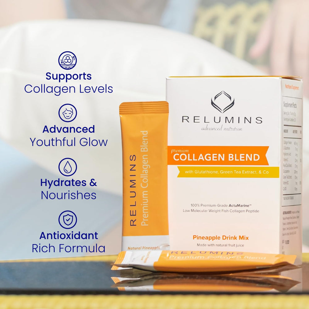 Relumins Marine Collagen bottle ready to pour into glass