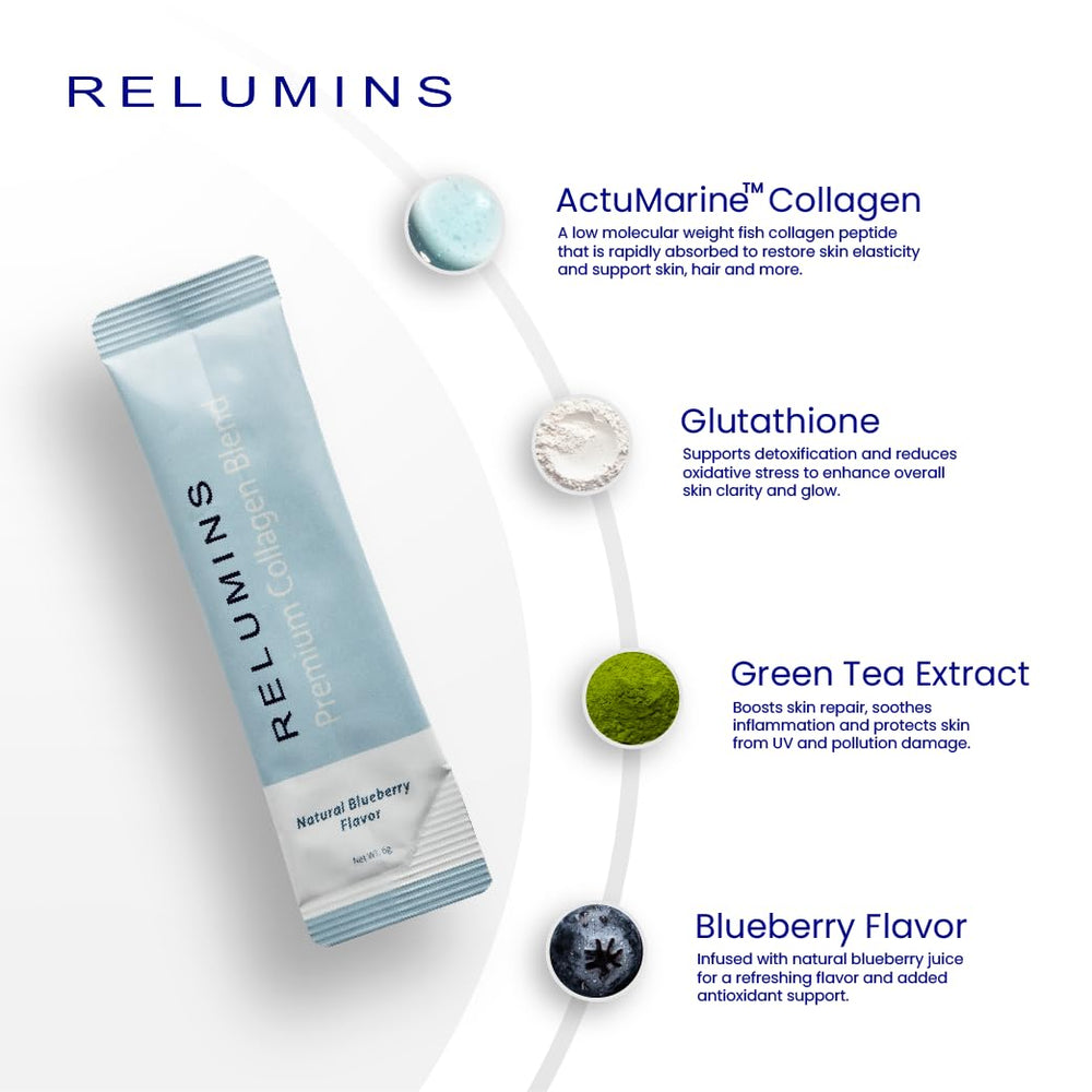 Relumins Marine Collagen Drink blueberry label highlights flavor and peptide blend.
