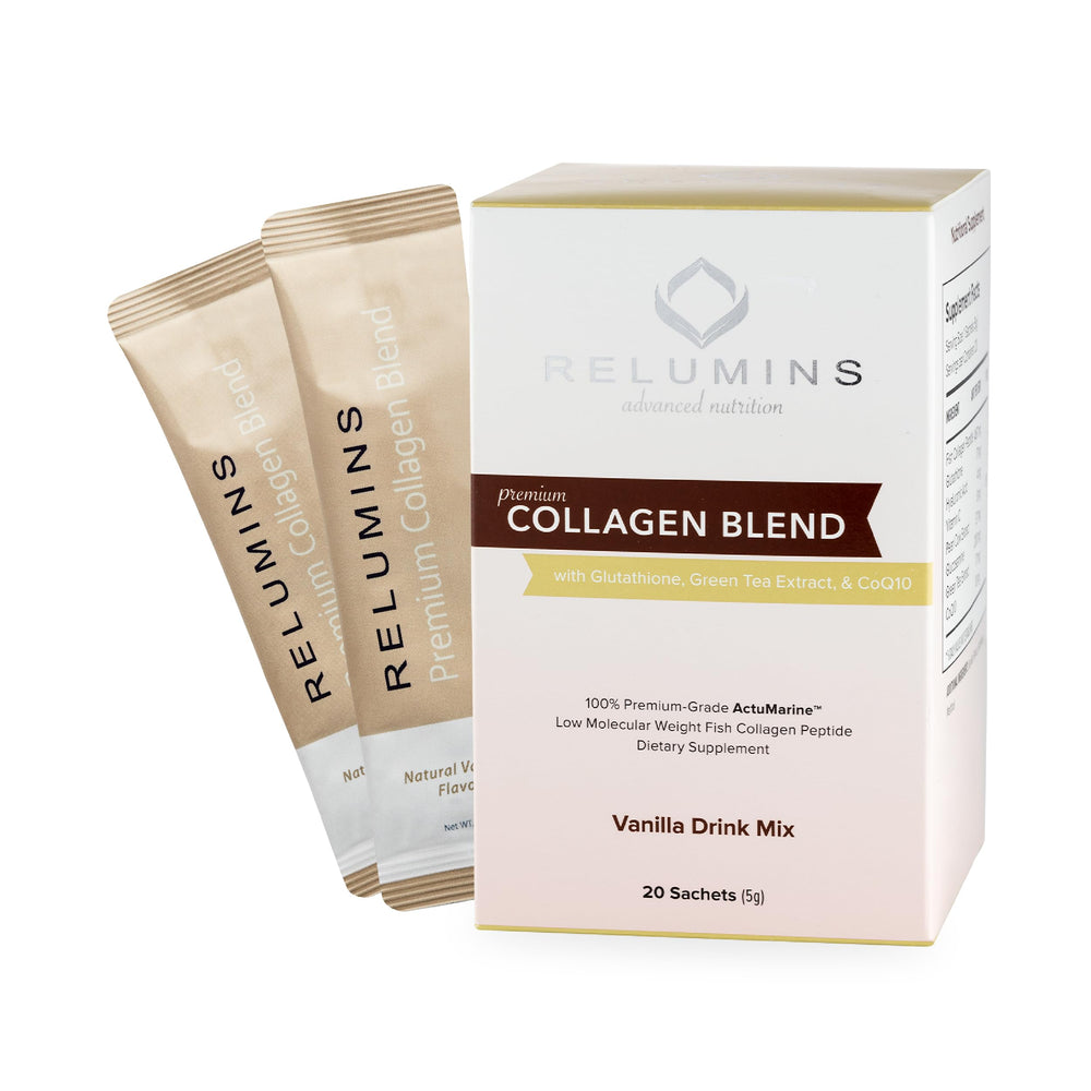 Relumins Marine Collagen vanilla sachets package for daily beauty routines.