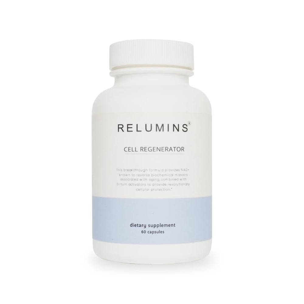 Relumins NAD+ supplement bottle with capsules for daily energy and focus.