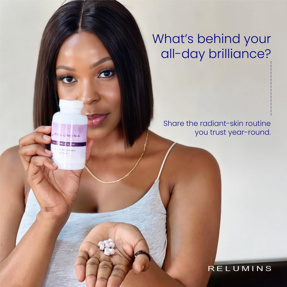 Relumins Thio-Glow chews shown as part of a morning routine.
