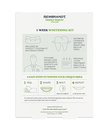 Rembrandt StayPut custom-fit strips close-up highlight secure fit for comfortable whitening.