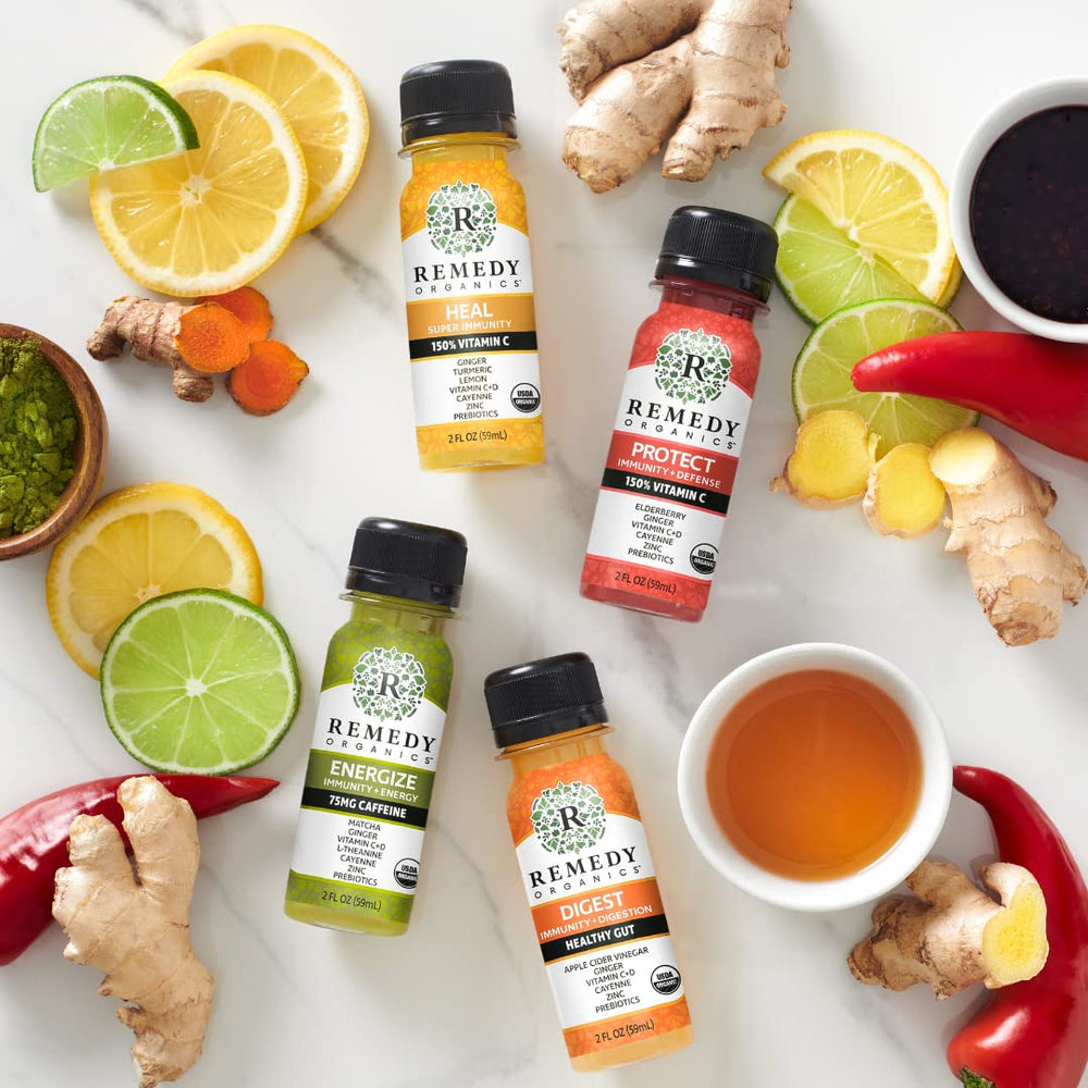 Remedy Organics Immunity Plus Shot ambient scene, portraying a balanced routine with a healthy boost.
