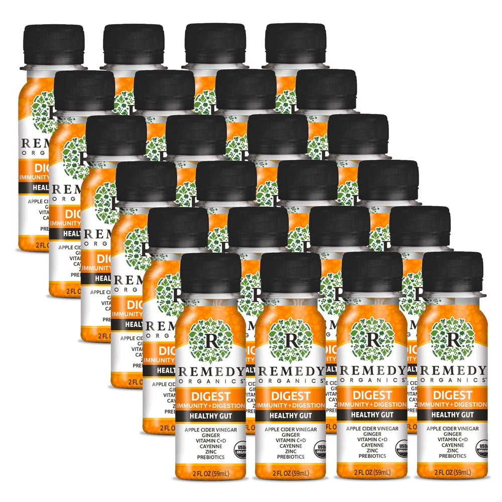 Remedy Organics Immunity Plus Shot bottle pours, offering a quick energy lift and immune support.