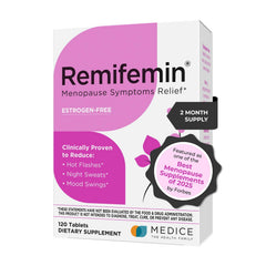 Remifemin bottle front showcases estrogen-free menopause support for daily relief.