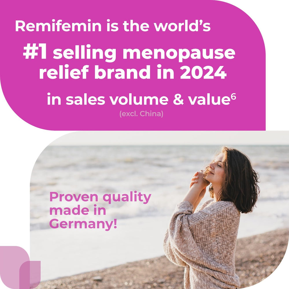 Remifemin bottle label highlights Germany-made quality and clinically studied black cohosh.