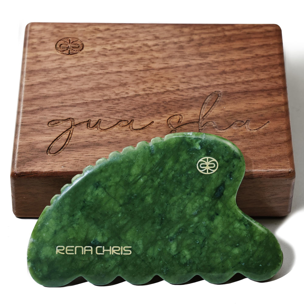 Rena Chris Gua Sha face tool jade stone for facial contouring and relaxation.