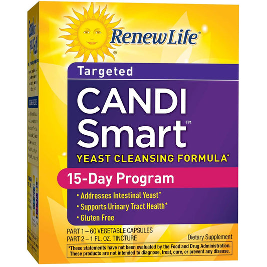 Renew Life CandiSmart bottle showing the 15-day program for yeast balance
