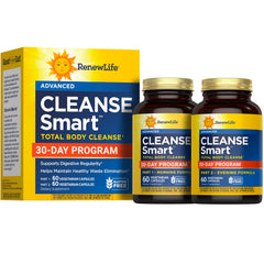 Renew Life Cleanse Smart advanced total body program bottle front view showing packaging.