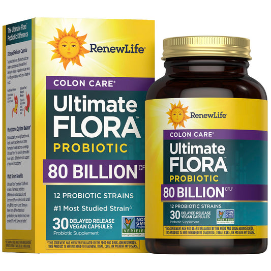 Renew Life Colon Care bottle front shows 80B CFU and 12 strains for daily support.
