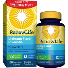 Renew Life Extra Care bottle front shows branding and capsules for digestive support.