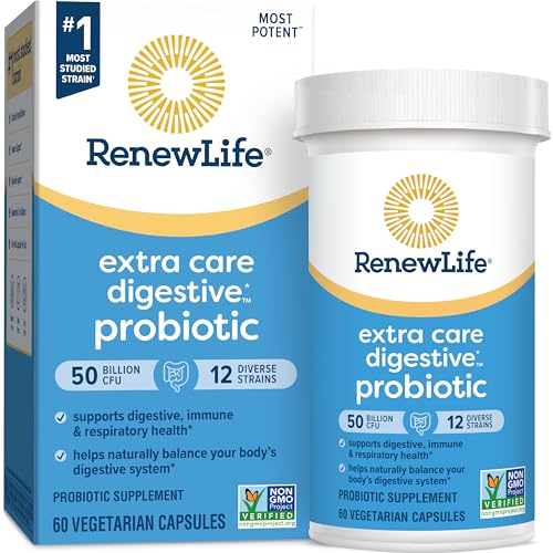 Renew Life Extra Care Probiotic packaging close-up highlighting a 60-count bottle.
