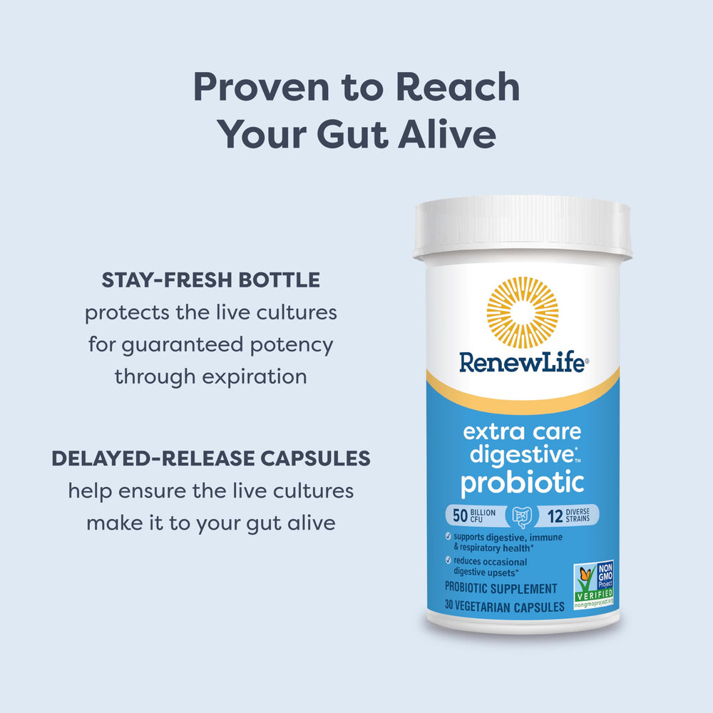 Renew Life Extra Care graphic shows 12 diverse strains for digestive and immune support.