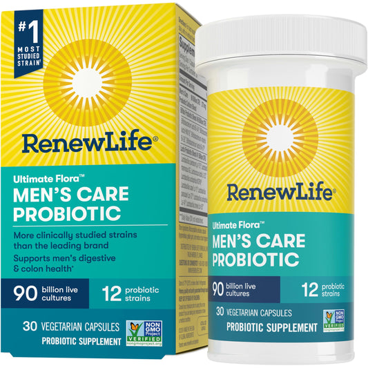 Renew Life Men's Care probiotic bottle with 90B CFU supports digestive balance