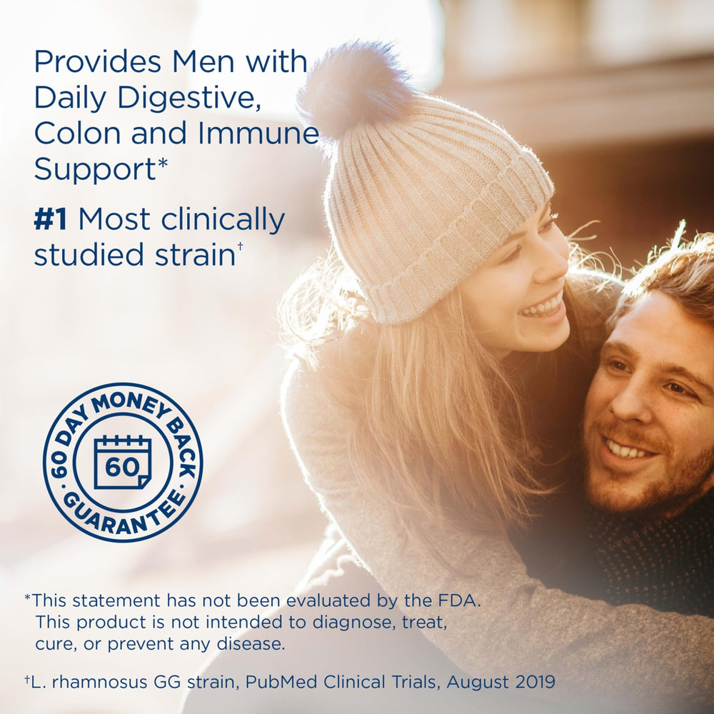 Closeup of Renew Life Men's Care capsules showing dairy-free and gluten-free formula