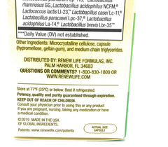 Renew Life Ultimate Flora 50+ bottle label close-up for seniors' digestive support.