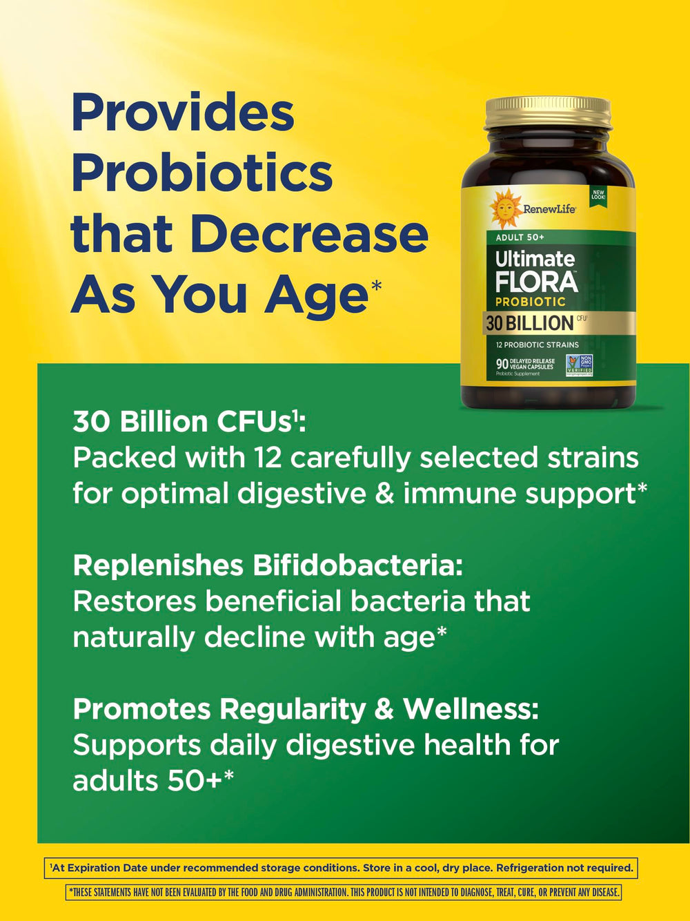 Renew Life Probiotic Adult 50 Plus fridge storage image suggests potency maintenance