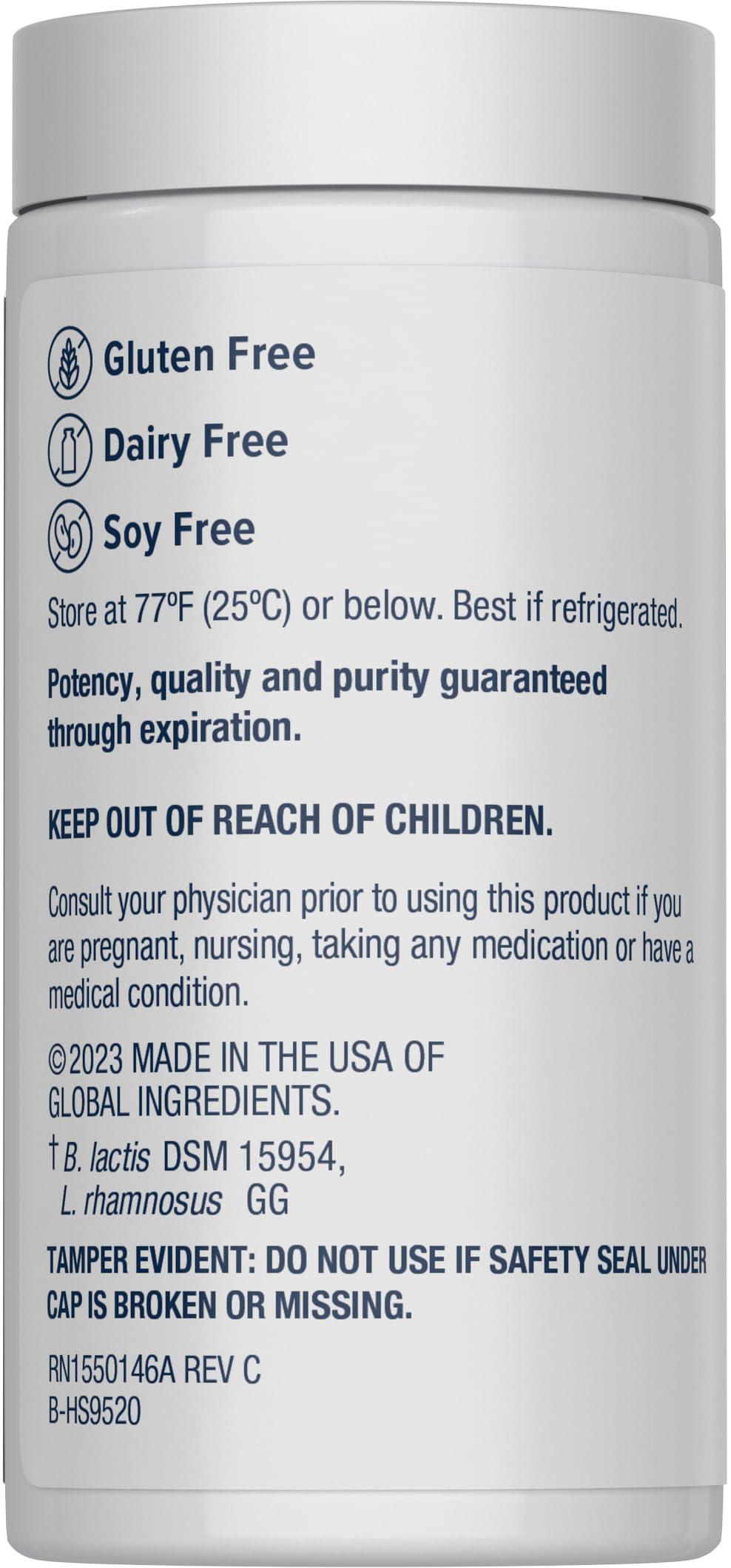 Renew Life women's probiotic bottle on shelf, emphasizing dairy-free, gluten-free, soy-free formulation