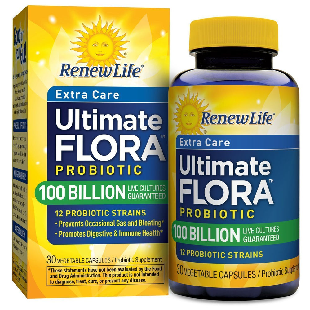 Renew Life Ultimate Care Probiotic bottle with 100B CFU for daily gut support.