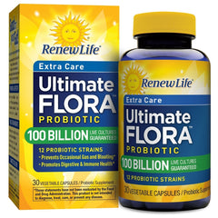 Renew Life Ultimate Care Probiotic bottle with 100B CFU for daily gut support.