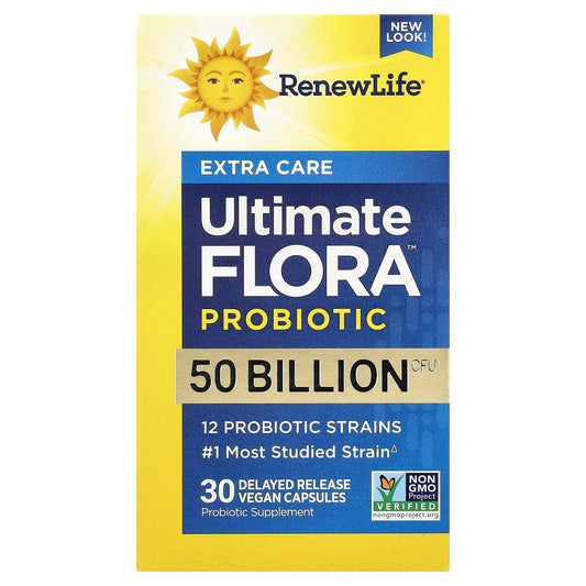 Renew Life Ultimate Flora bottle with label promotes digestive balance and immune support