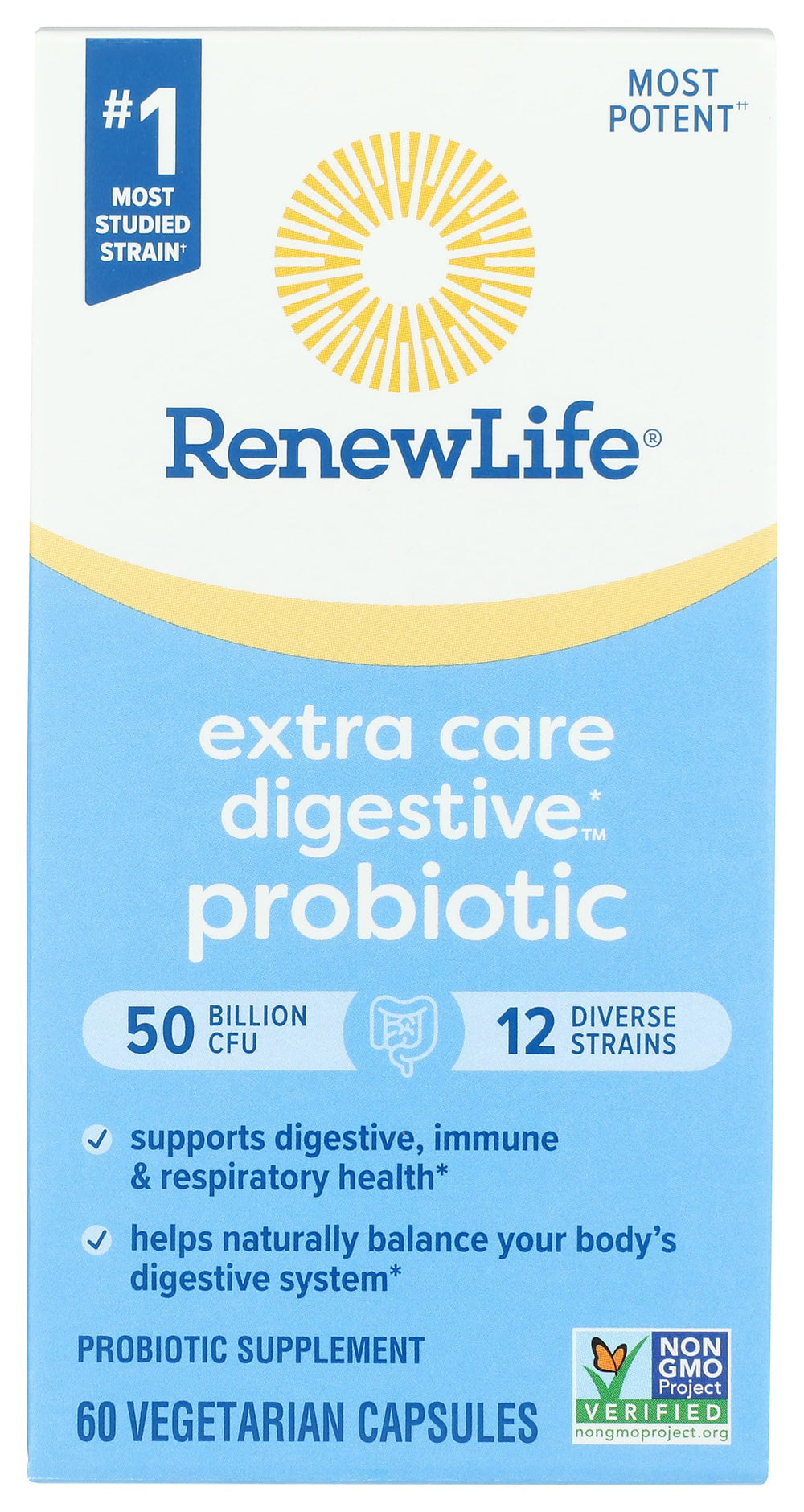 Renew Life Ultimate Flora bottle front with 50 billion CFU capsules for daily use.