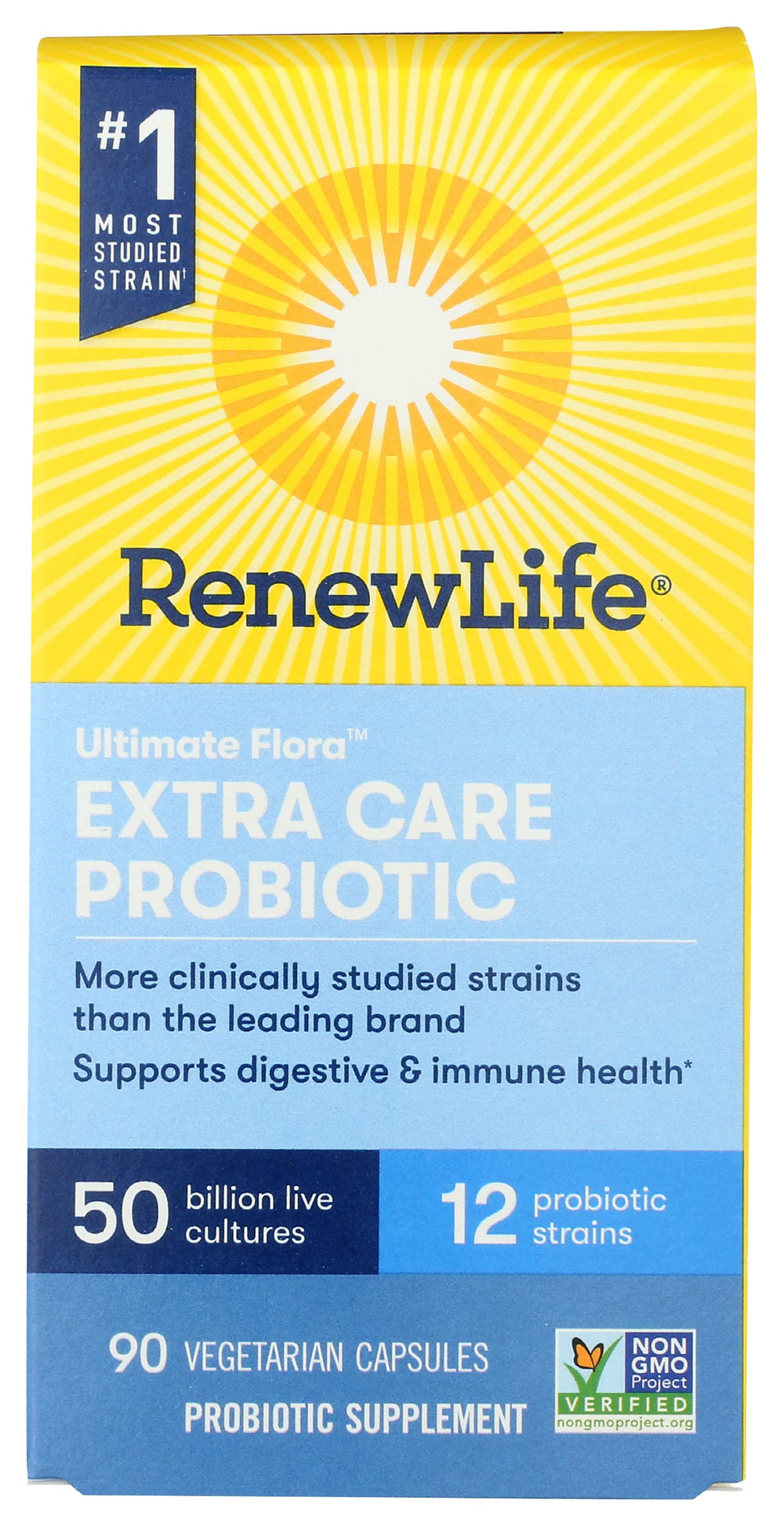 Renew Life Ultimate Flora Extra Care probiotic bottle with 50 billion CFU for daily gut support