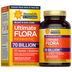 Renew Life Ultimate Flora Gas & Bloat bottle shows 70B CFU probiotic for digestion
