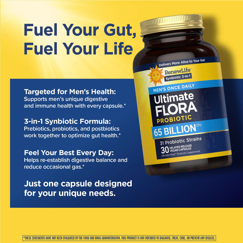 Renew Life Ultimate Flora Men 65B CFU packaging shows a 30-count supply.