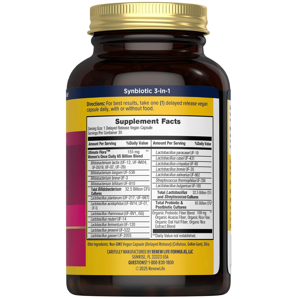 Renew Life Ultimate Flora Women capsules ready to take with a dairy-free, vegan formula for daily wellness.