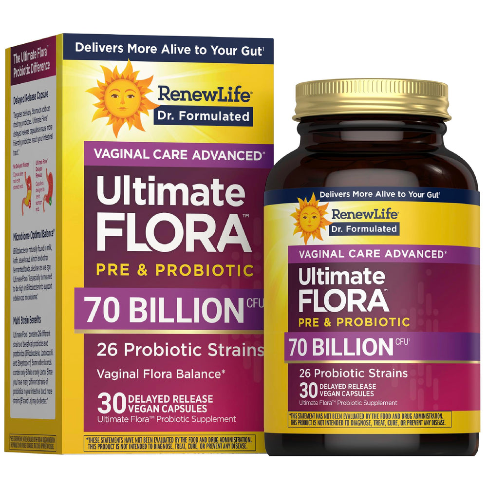 Renew Life Ultimate Flora Women bottle with capsules for daily vaginal and digestive support.