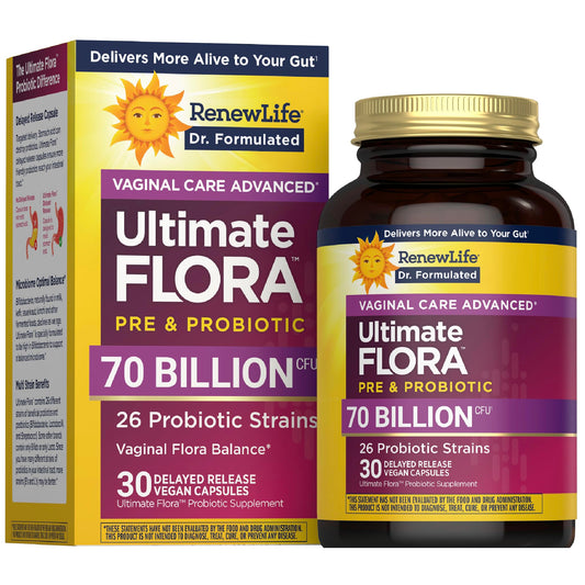 Renew Life Ultimate Flora Women bottle with capsules for daily vaginal and digestive support.