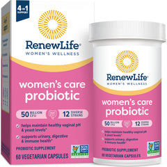 Renew Life Women's Probiotic on a clean surface suggests digestive and immune support.