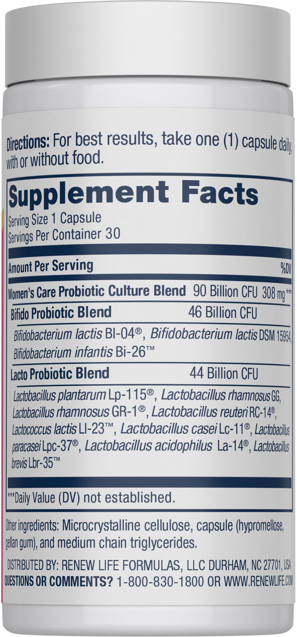 Renew Life probiotic capsules label shown, highlighting 12 strains for diverse gut and immune health