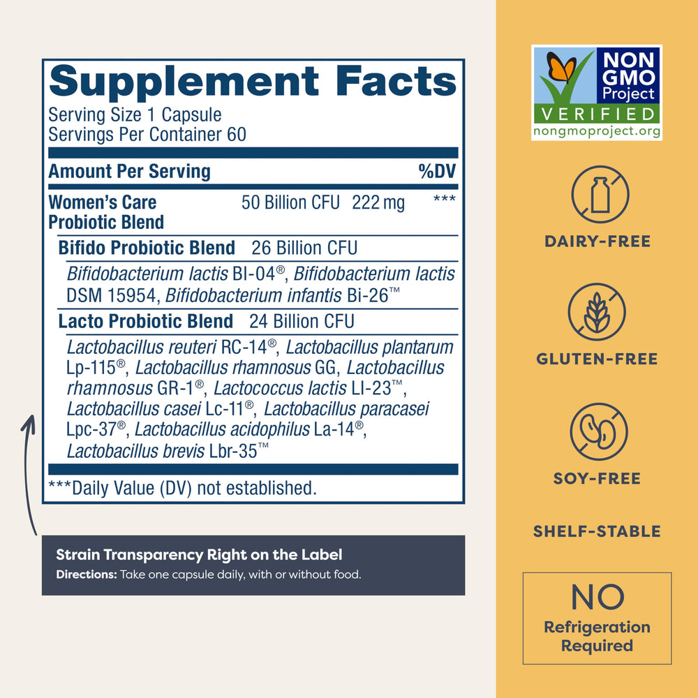 Renew Life Women's Probiotic capsules close-up highlights delayed-release delivery to the gut.