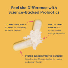 Renew Life probiotic label detail shows gluten-free dairy-free soy-free features.