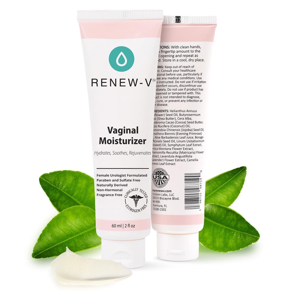 Renew-V bottle close-up shows hydrating formula for intimate comfort.