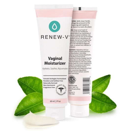 Renew-V bottle close-up shows hydrating formula for intimate comfort.