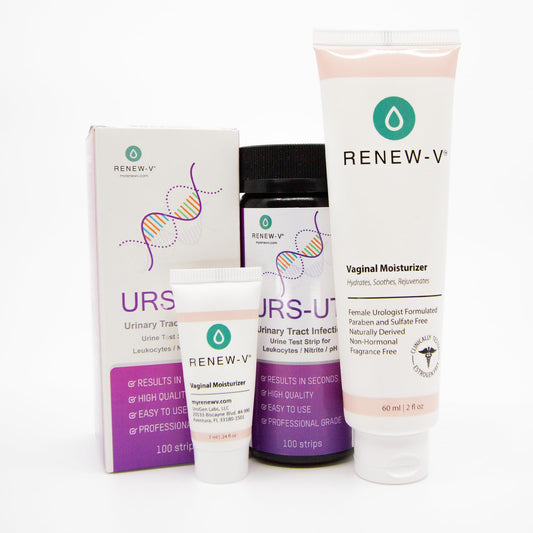 Renew-V bundle display with UTI strips and moisturizers for at-home care