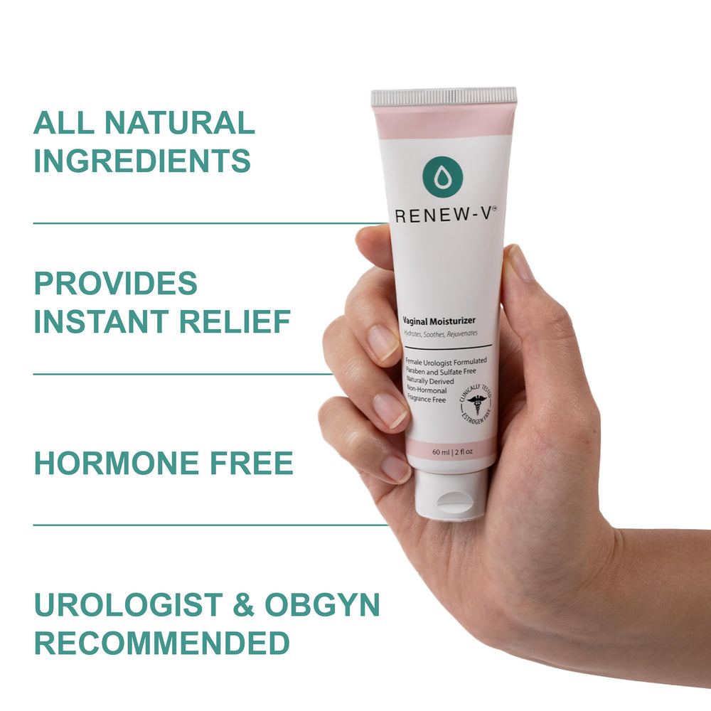 Renew-V packaging highlights hormone-free, unscented care.