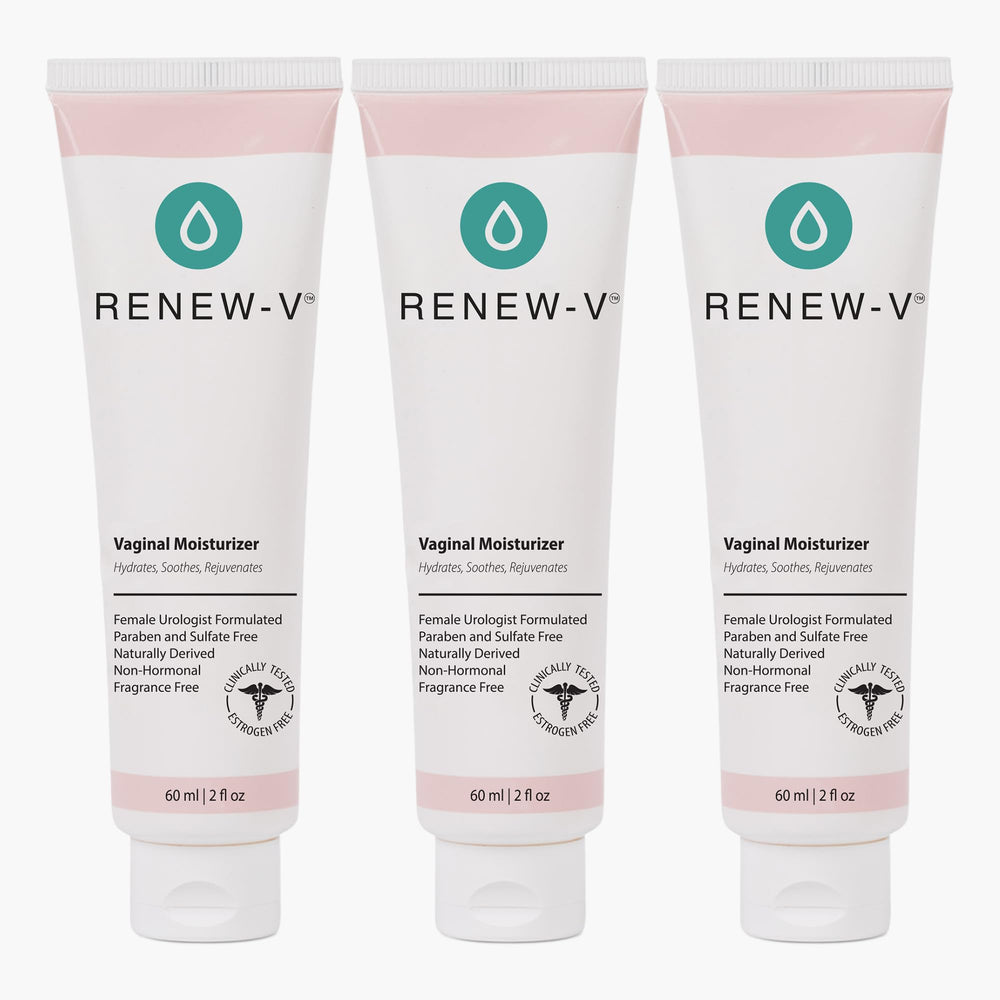 Renew-V vaginal moisturizer bottle close-up for long-lasting hydration and soothing relief