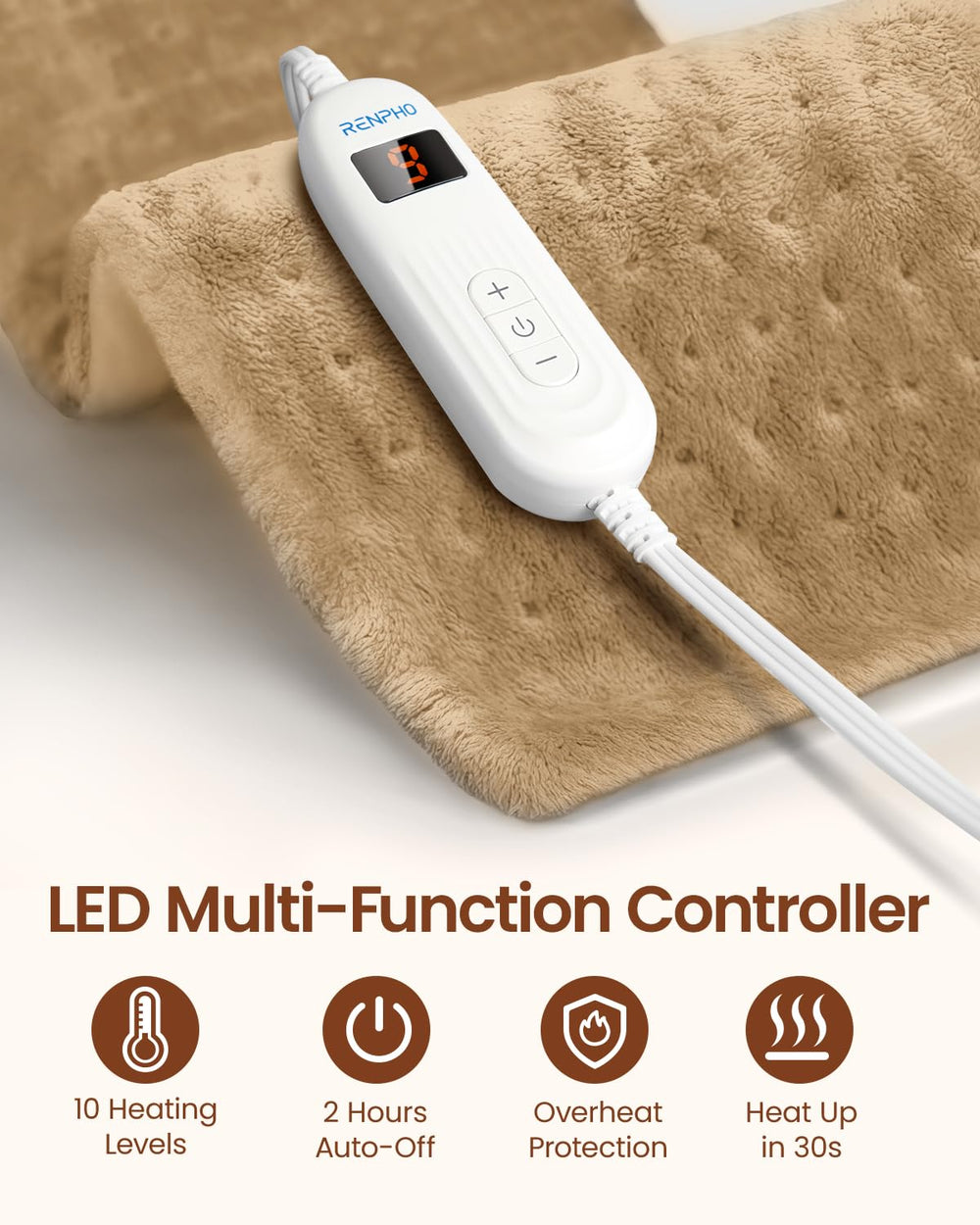 RENPHO heating pad control panel shows 10 heat settings for personalized warmth