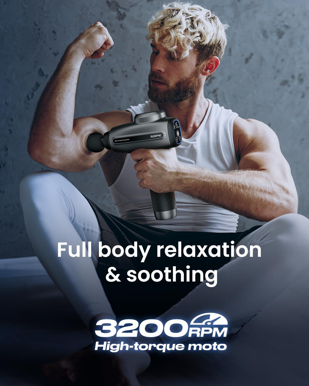 RENPHO massage gun with six heads for full-body massage options.