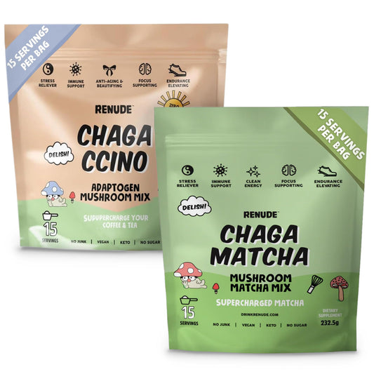 Renude Chaga Matcha packets open showing ceremonial-grade powder for energy