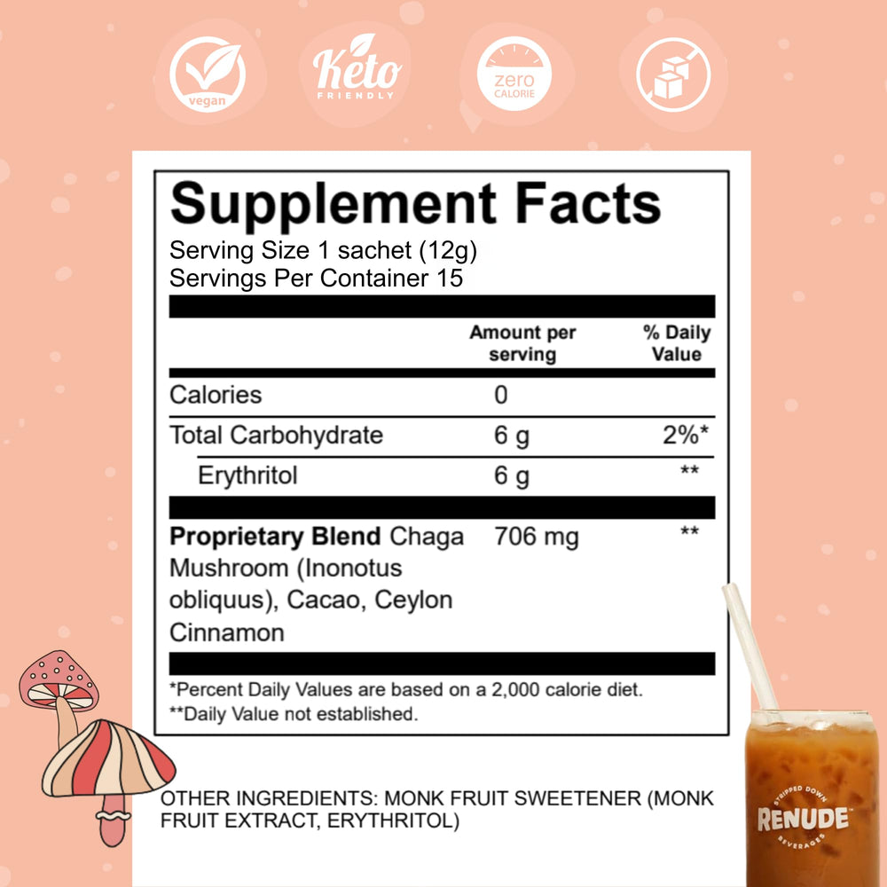 Glass of Renude Chagaccino drink highlighting zero calories and keto-friendly mix