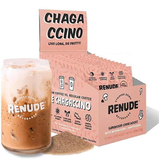 Renude Chagaccino packaging shown for easy energy